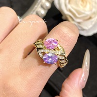 Vente directe, bague de luxe pour femme, style rétro français, avec deux pierres en diamant rose et violet, bijou coloré de luxe léger
