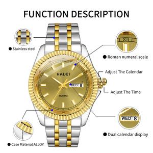 Envío Directo HALEI Reloj de Cuarzo Dorado para Hombre, Esfera Redonda, Correa de Acero Inoxidable, Doble Calendario, Movimiento Japonés, Venta al por Mayor - Product Image 4