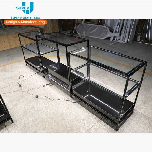 Bespoke Glass Gondola Shelving Retail Showcase Store Fixtures Black Iron Light Gondola Shelving Display Stand Supply