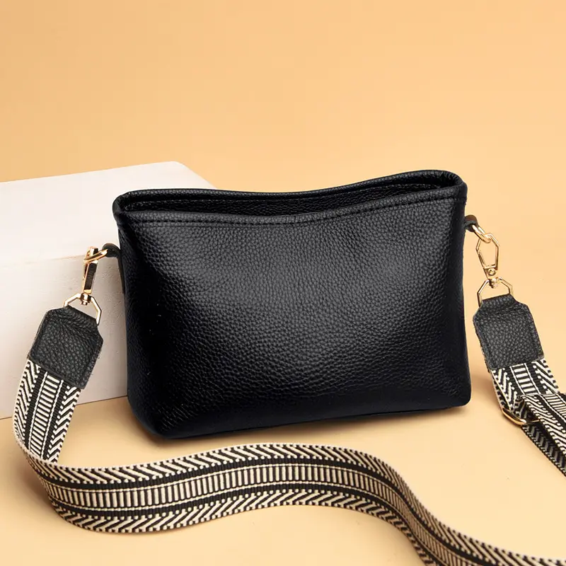 Leather women's bag wide shoulder belt cross body small square bag cowhide shoulder bag soft leather versatile women