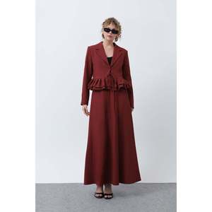 LOREEN Women's Elegant Burgundy Ruffle Detail Jacket and <b>Pants</b> Suit Set for Office & Daily Wear, Modern Two-Piece Outfit - Product Image 1
