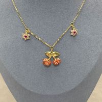Trendy rode kristallen kersen hanger ketting met bloemencharms, 14K verguld, frisse stijl, delicate fruitjuwelen voor vrouwen