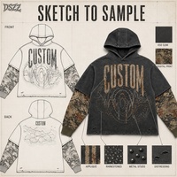 Sweat à capuche homme streetwear camouflage vintage personnalisé, effet superposé, en coton 450 GSM, manches camouflage aigle, strass, effet vieilli, OEM ODM