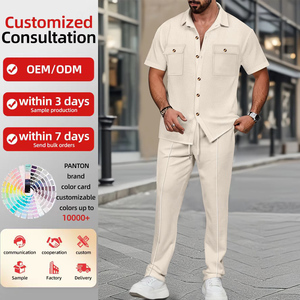 Conjunto de Terno Casual Masculino de Verão Novo de Fábrica, Camiseta e Calças Longas, Logo Personalizado, Conjunto Esportivo Simples em Waffle - Product Image 1