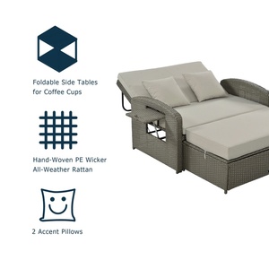 <span class=keywords><strong>Chaise</strong></span> longue double inclinable en rotin gris pour 2 personnes, dossier réglable, idéale pour le bord de piscine – Offre spéciale - Product Image 4