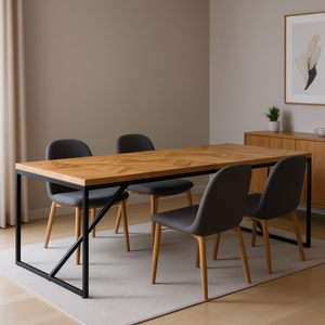 Tavolo da Pranzo Moderno in Legno di Acacia, Rettangolare, 6 Posti, Gambe Nere, Design Industriale Stabile, Arredamento per la Casa - Product Image 2