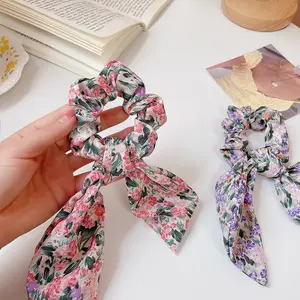 Fashion Floral Print Bow Long Ribbon Ponytail Scarf Hair Tie Scrunchies Women Girls Elastic Hair Bands Hair Accessories