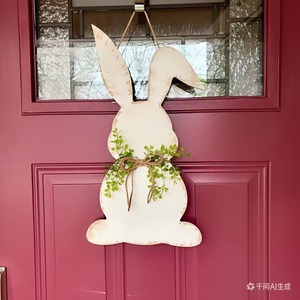 Vintage Easter Bunny Door Hanging White Wooden Rabbit Decoration With Green Leaf Indoor Easter Decor - Product Image 1