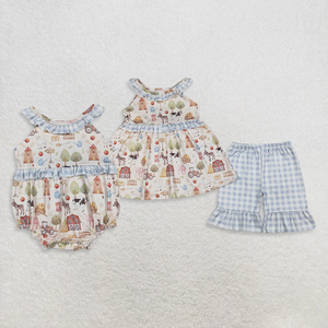 Toddler Girl Casual Boutique Summer Outfits <b>Farm</b> Print Shorts <b>Set</b> and Bubble Romper Cute Baby Girls Clothing <b>Sets</b> - Product Image 1