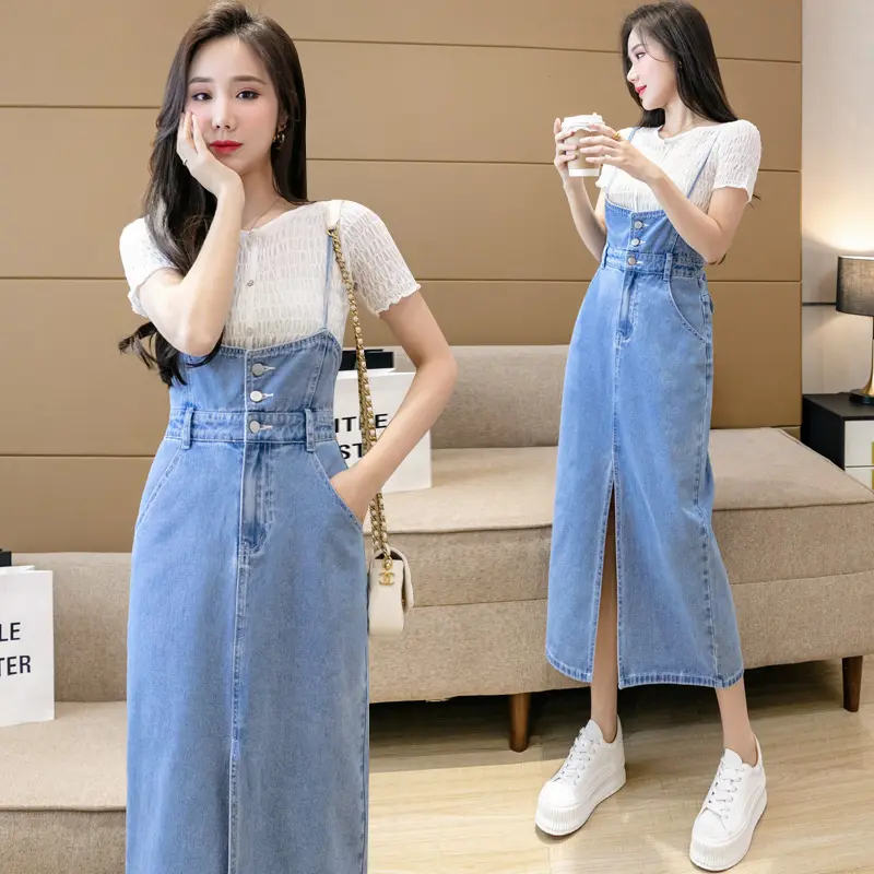 2024 ฤดูใบไม้ผลิและฤดูใบไม้ร่วงใหม่สไตล์เกาหลีเอวสูงอารมณ์ Retro Slim Hip-กอดDenim Overallsกระโปรง