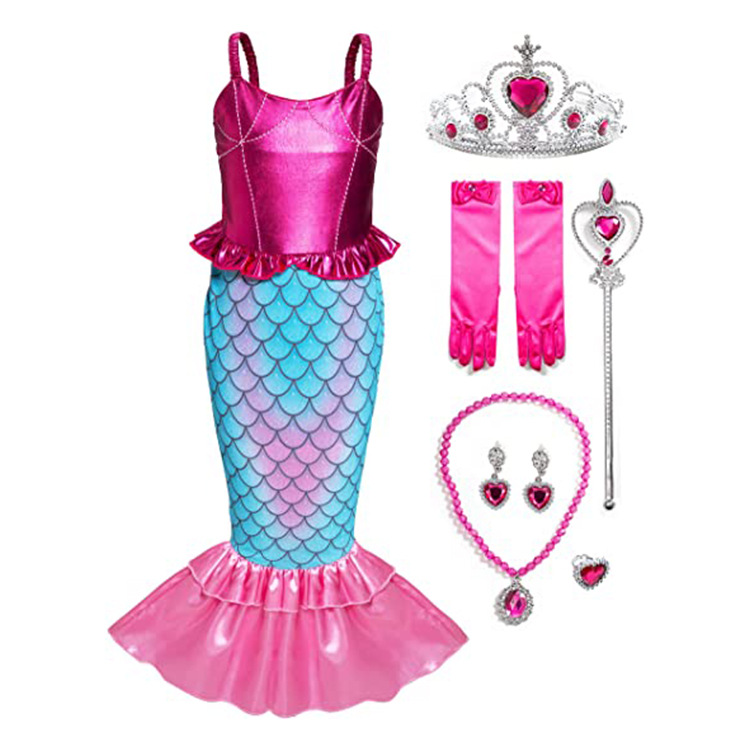 New Arrival Ariel Cosplay Costume Wave Fish Tail Red Sleeveless Girl Princess Dress With Accessories