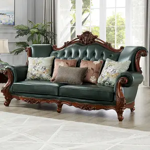 Popular Designs Wooden Leather Sofa Classic American Style Living Room Sofa Solid Wood Genuine Leather Carving Sofa Set