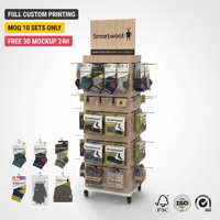 Présentoir mural en bois à 4 faces pour vente en gros - Support mobile pour chaussettes et emballages suspendus avec panneau signalétique