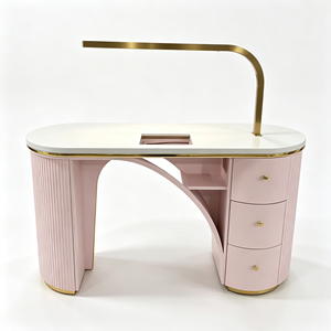 Table à ongles rose cannelée avec lampe LED, 3 tiroirs de rangement, bureau de manucure, poste de travail de luxe pour salon de beauté et spa - Product Image 3