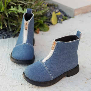 Botas de otoño para niñas, botines cortos de mezclilla con lazo y cremallera - Product Image 2