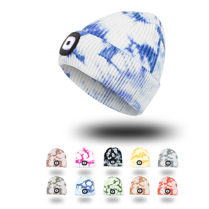 Tie Dye Cuffed Beanie Skull <span class=keywords><strong>Cap</strong></span> Avec Carré Avant Lumière Pod Doux Côtelé Acrylique Plié Manchette pour Nuit Courir En Plein Air Led Chapeau - Product Image 1