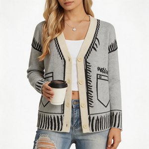 YIYU Anti-pilling Ladies <strong>Long</strong> <strong>Cardigans</strong> V-neck Knitwear <strong>Cardigan</strong> Grey Black <strong>Line</strong> Pattern Design Sweater <strong>Cardigan</strong> for Women OEM - Product Image 1