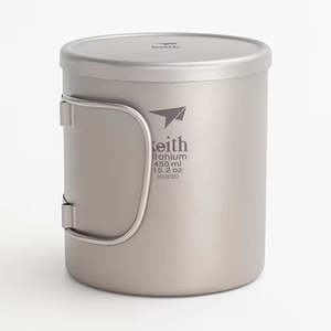 Tasses isothermes de luxe écologiques en titane à double paroi avec poignée pliable, pour camping, randonnée, bière, vin, avec couvercle, 450 ml, argent - Product Image 2