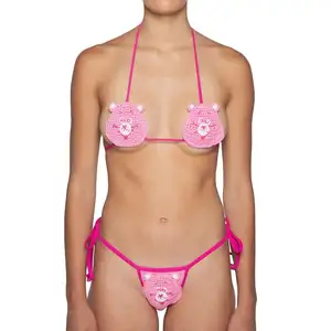 2024 Pink Crochet Bears Design Micro Bikini Swimwear For Women Nice Gifts Newest Fashion Bathing Swimsuits Cute Sexy Beachwear
