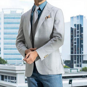 Traje de Negocios de Primavera/Verano 2026, Chaqueta Gris Claro con Solapa de <span class=keywords><strong>Ojal</strong></span> Hecha <span class=keywords><strong>a</strong></span> <span class=keywords><strong>Mano</strong></span>, Bolsillos con Parches, Talla Grande, 100% Lana - Product Image 5