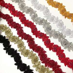 Perline floreali 3D e finiture in pizzo con paillettes, finiture in pizzo con cordino e perline, rifiniture in pizzo da sposa - Product Image 2