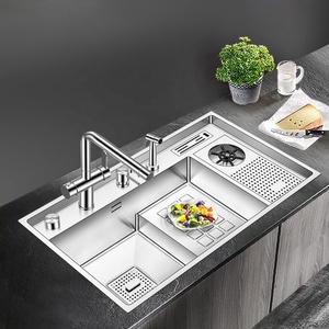 Grifo de agua fría y caliente, barra cepillada, tazón hecho a mano, arandela de taza, paso, lavabo de lavado individual 304 SS, armario para el hogar, fregadero de cocina - Product Image 1