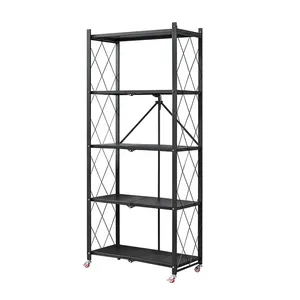 Multi-functional Foldable Multi Layer Shelves Kitchen Vegetable Metal Steel 5 Tier Folding Storage Rack With Wheels