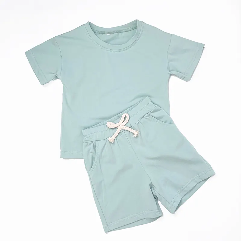 Custom Children Organic Sprinkles 2 piezas de color sólido de algodón de verano Pantalones cortos conjuntos de manga corta 100% algodón ropa de bebé conjunto de traje