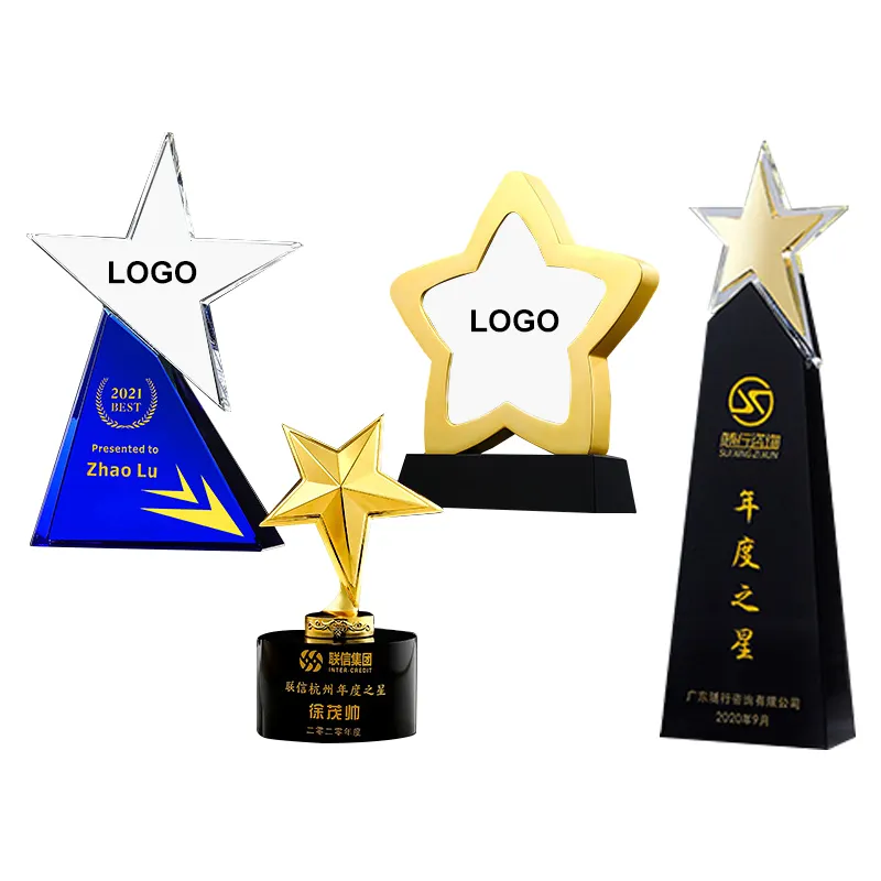 Logo personnalisé Résine Métal Top Stars Anniversaire Prix d'Honneur Trophées Musicaux Classique K9 Cristal Verre Étoile Trophée avec Base en Bois