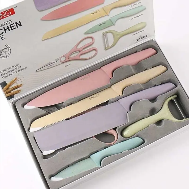 Macaron Color Kitchen Knife Set Stainless Steel Household Kitchen Knife Straw 6 Pcs Chef Knife Set