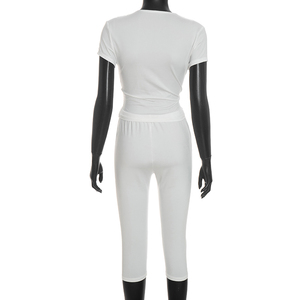 Viviblook J26ST316 Conjunto de Otoño para Mujer, Nuevo Conjunto Casual de Dos Piezas con Cuello en V, Pantalones Cortos con Pliegues Cruzados y Manga Corta - Product Image 6
