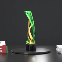 Trophée de bureau en métal plaqué or 3D personnalisé, motif feuille de thé vert, pour les récompenses