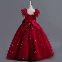 Robe de princesse bleu marine de luxe avec jupe en tulle étoilée, nœud élégant, longueur ras du sol, robe de soirée formelle pour filles, écologique