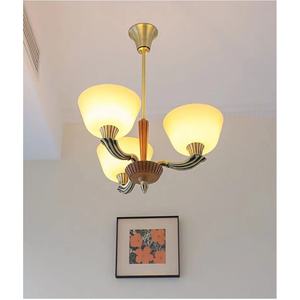 Lustre en verre et cuivre de style rétro français vintage américain, lumière de luxe pour le hall d'entrée, salle à manger, style bois naturel, lampes suspendues - Product Image 1