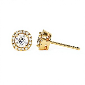 Yellow Gold Round <b>Halo</b> Lab Grown Diamond Stud <b>Earrings</b> - Product Image 1