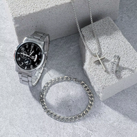 Ensemble cadeau de montre pour homme avec logo personnalisé, 4 pièces, montre en acier inoxydable argenté, collier croix, bracelet, bagues, vente en gros