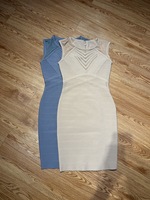Robe midi moulante à col rond pour femme avec empiècements en maille brodée et motif imprimé sur le devant