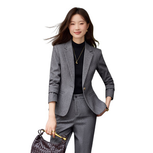 Grey Women's Suit Set Full Sleeve Wool Blend Anti-Wrinkle Elegant Professional Autumn Wear - Product Image 5