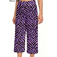Pantalon large court ultra doux pour femme, imprimé zèbre violet lavande vibrant, taille haute, effet ventre plat, pour yoga et détente, coupe culotte