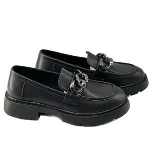 Custom Logo Women Loafers Round Toe Black Brown 3cm Chunky Women Loafer Shoes metal shoe buckle
