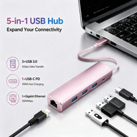 Hub USB 5 in 1 untuk Pemesanan Grosir, 3 USB3.0 5Gbps+Gigabit Ethernet+100W PD, Kabel Splitter Berbahan Aluminium dengan Jalinan Nilon untuk Laptop dan Desktop