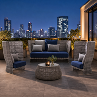 Ensemble de canapés de luxe pour hôtel, d'extérieur, en aluminium, avec chaise haute de conversation, fauteuil simple à dossier bas, coussins de siège profonds et tressage en corde
