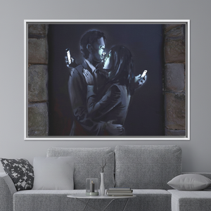 Banksy Couple Graffiti <b>Canvas</b> Art: Lovers with Phones Print,WHITE <b>FRAMED</b> <b>CANVAS</b> - Product Image 3