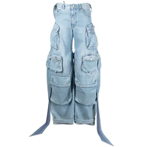 OEM High quality sky blue sash decorated wash jeans multiple cargo pockets decorated wide leg pants cutout design cargo pants