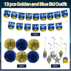 Set de Decoración para Fiesta de Ramadán 640409 - 1 Pancarta, 6 Espirales Colgantes, 6 Pompones, Tema Azul y Dorado, 13 Piezas Pequeñas de Papel - Product Image 5