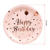 Articles de fête d'anniversaire roses très demandés, ensemble d'assiettes en papier jetables pour joyeux anniversaire, élégants ensembles de vaisselle or rose