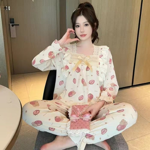 Pijama <span class=keywords><strong>de</strong></span> algodón con burbujas <span class=keywords><strong>de</strong></span> primavera y otoño para <span class=keywords><strong>mujer</strong></span>, pijama <span class=keywords><strong>de</strong></span> cuello cuadrado estilo princesa grasa, pantalones <span class=keywords><strong>de</strong></span> manga larga, cintura elástica - Product Image 5
