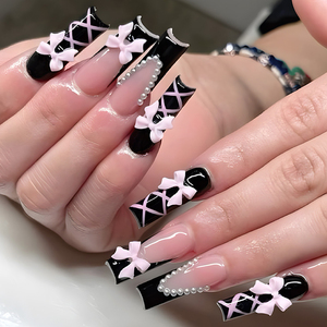 24 <span class=keywords><strong>Uñas</strong></span> Postizas Largas Cuadradas <span class=keywords><strong>con</strong></span> Líneas, Diseño 3D <span class=keywords><strong>de</strong></span> Lazo y Flor, Accesorios Brillantes <span class=keywords><strong>con</strong></span> Diamantes, <span class=keywords><strong>Uñas</strong></span> Postizas Estilo Francés Negro - Product Image 1