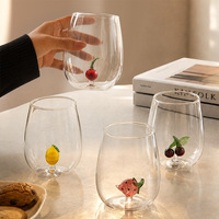 3D-geëmbossed fruitglas met grote buik, eivormig, kersen-, citroen- en aardbeipatroon, glazen waterglas