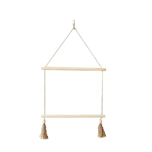 Nordic Simple Wall Decor Hanging Thin Wood Stick & Cotton Rope Display Rack for Towel, Clothes Hanger, Journal, Photo & Picture